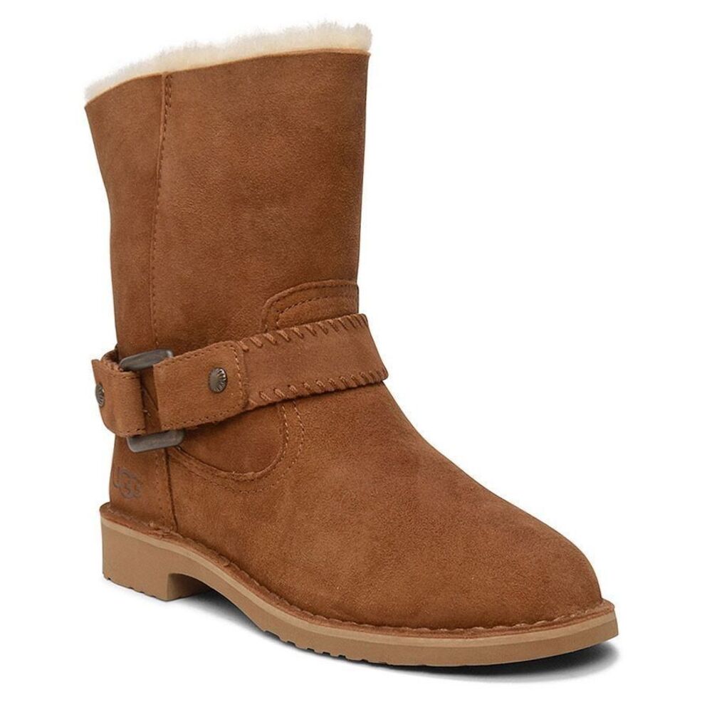 UGG Cedric Suede Boots Shearling Lined Womens 8.5 Chestnut Fold Over Sheepskin